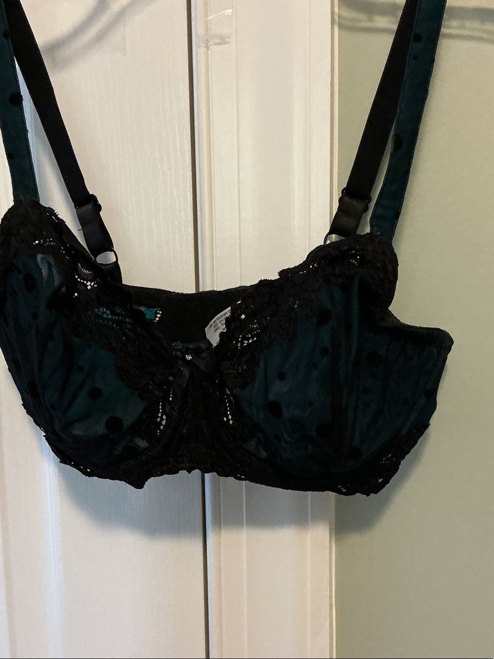 Whimsy  Black Polka Dot Underwire Bra with Black Lace Trim 34D